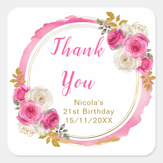 Hot Pink and Gold Elegant Flowers Birthday Party Square Sticker (Front)