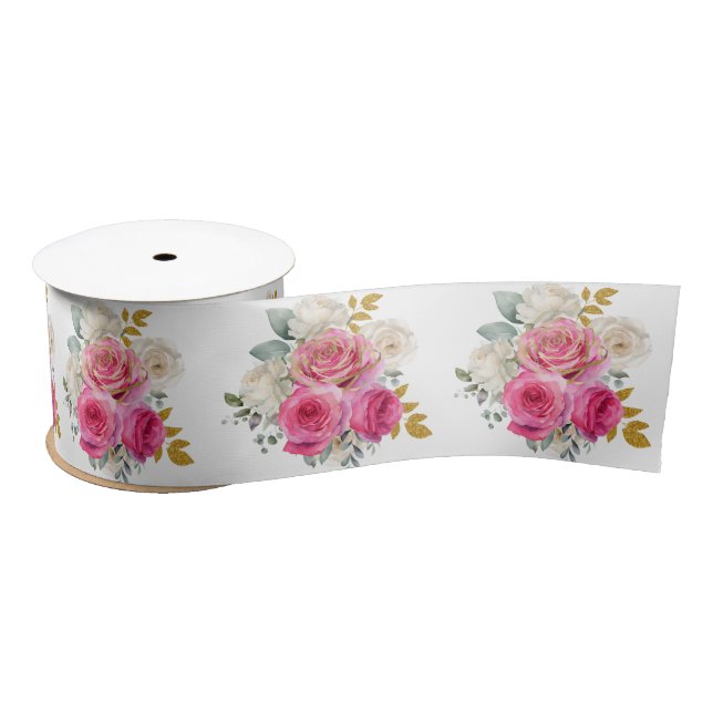 Hot Pink and Gold Elegant Flowers Satin Ribbon (Spool)
