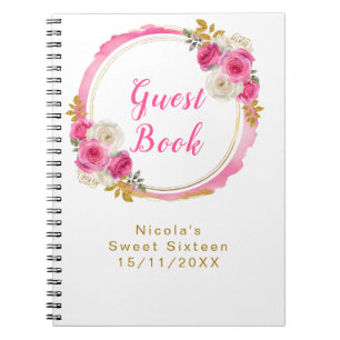 Hot Pink and Gold Elegant Flowers Sweet Sixteen Notebook