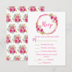 Hot Pink and Gold Elegant Flowers Sweet Sixteen RSVP Card