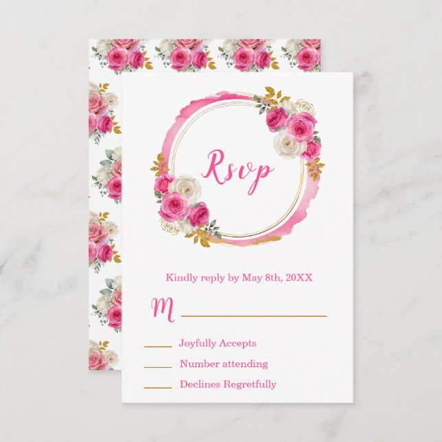 Hot Pink and Gold Elegant Flowers Sweet Sixteen RSVP Card (Front/Back)