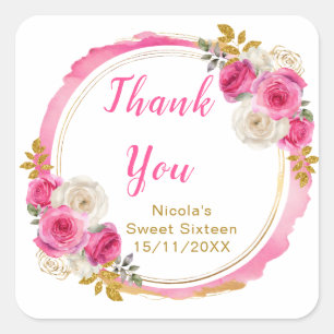 Hot Pink and Gold Elegant Flowers Sweet Sixteen Square Sticker