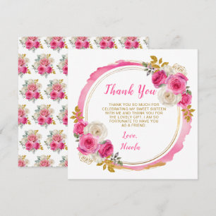 Hot Pink and Gold Elegant Flowers Sweet Sixteen Thank You Card