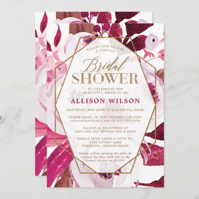 Hot Pink and Gold Floral Bridal Shower Invitation (Front/Back)