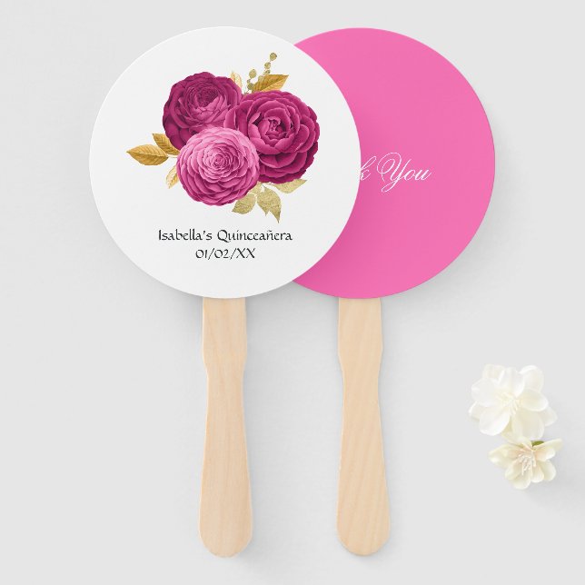 Hot-Pink and Gold Floral Quinceañera Hand Fan (Front and Back)