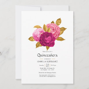 Hot-Pink and Gold Floral Quinceañera Photo Invitat Invitation