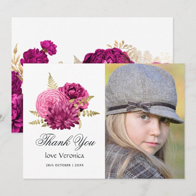 Hot Pink and Gold Floral Quinceañera Photo Thank You Card (Front/Back)