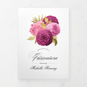 Hot-Pink and Gold Floral Quinceañera Photo Tri-Fol Tri-Fold Invitation