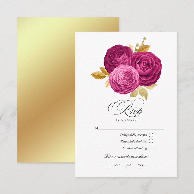 Hot-Pink and Gold Floral Quinceañera RSVP Card (Front/Back)