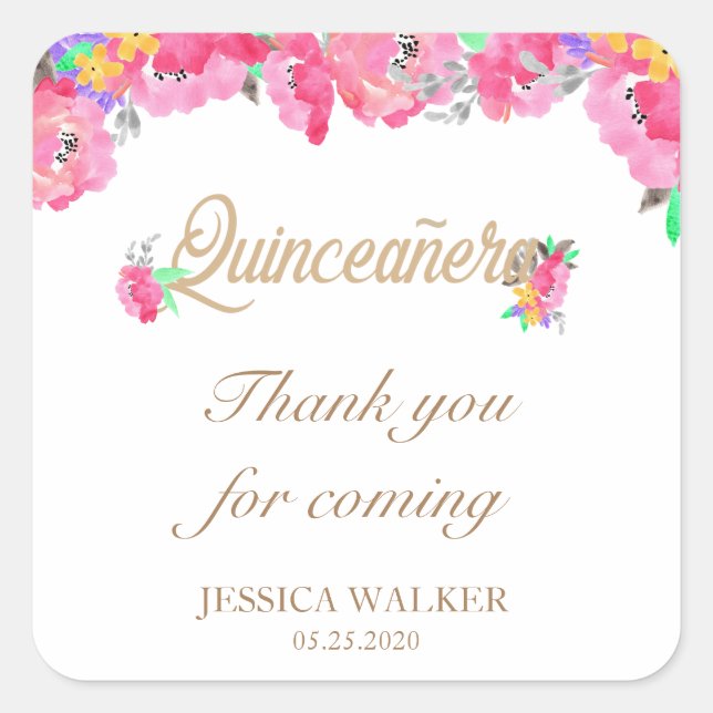 Hot Pink and Gold Floral Thank you Quinceanera Square Sticker (Front)