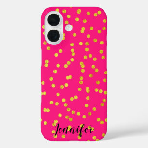 Hot Pink and Gold Foil Look Confetti iPhone 16 Case