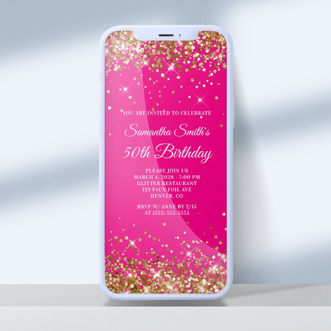 Hot Pink and Gold Glitter 50th Birthday Invitation (Creator Uploaded)