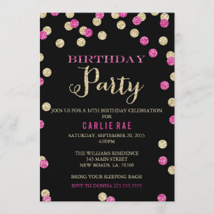 Hot Pink and Gold Glitter Birthday Invitations