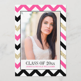 Hot Pink and Gold Glitter Chevron Graduation Invitation