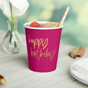 Hot Pink and Gold Happy Birthday Paper Cups