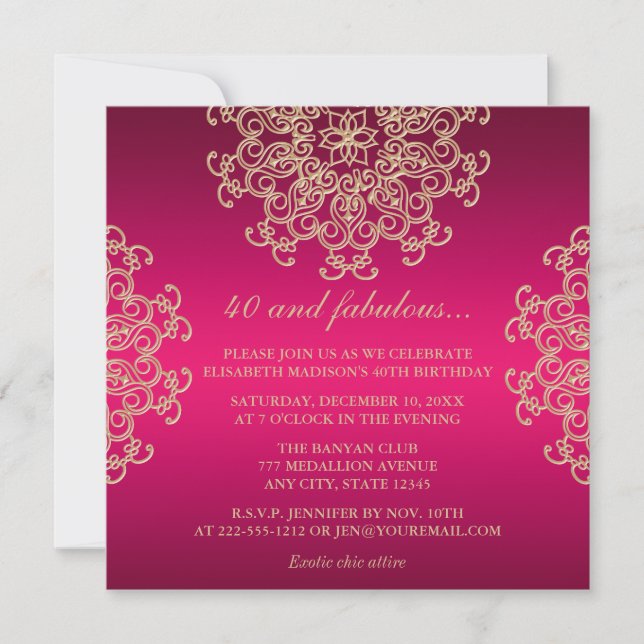 HOT PINK AND GOLD INDIAN INSPIRED BIRTHDAY INVITATION (Front)