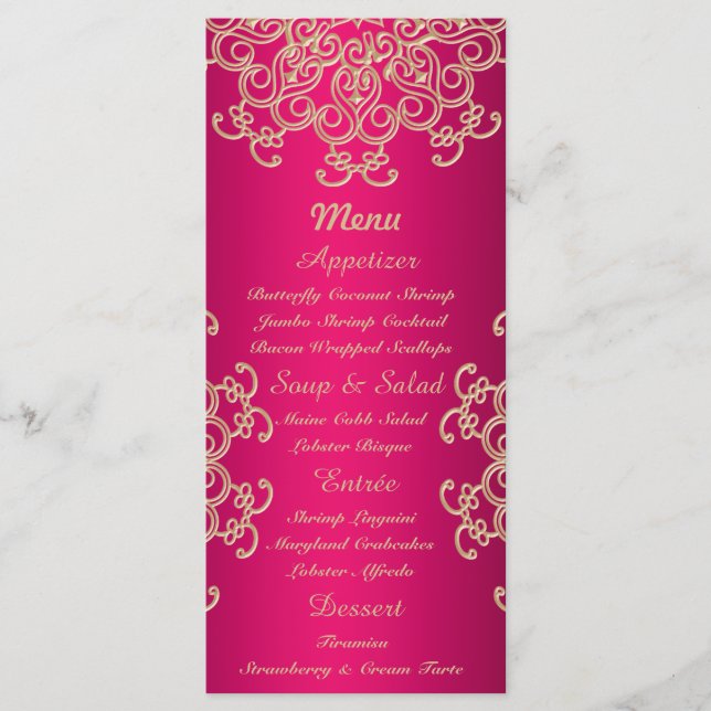 Hot Pink and Gold Indian Style Menu Cards (Front)