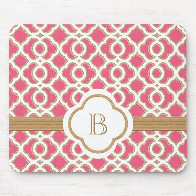 Hot Pink and Gold Moroccan Monogrammed Mouse Mat (Front)