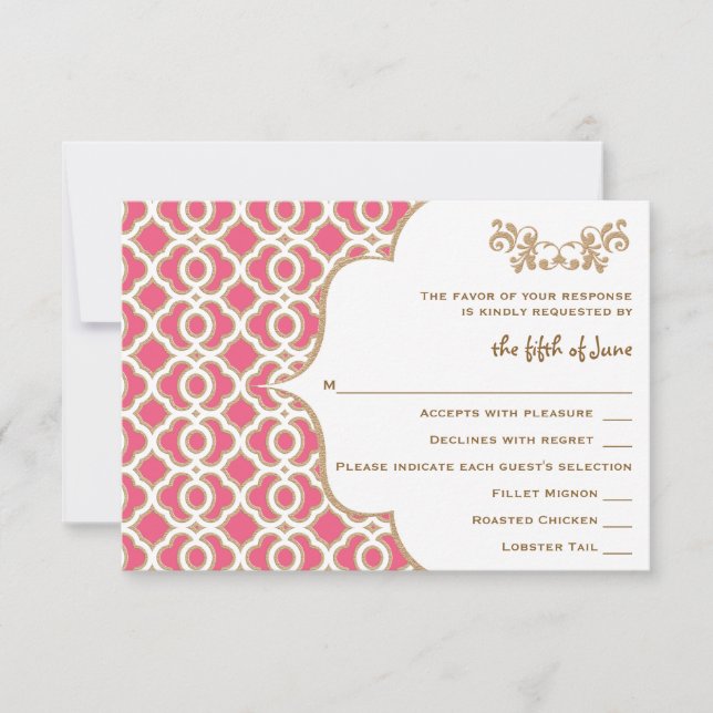 Hot Pink and Gold Moroccan Wedding Response Cards (Front)