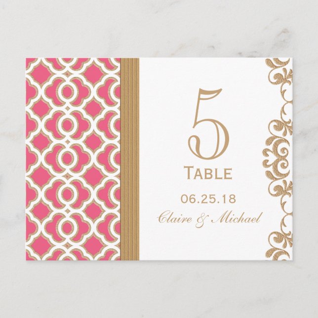 Hot Pink and Gold Moroccan Wedding Table Number Postcard (Front)