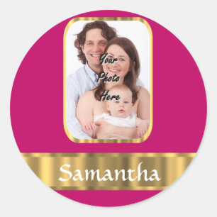 Hot pink and gold personalised classic round sticker