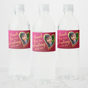 Hot Pink and Gold Photo Thank You 2023 Graduation Water Bottle Label