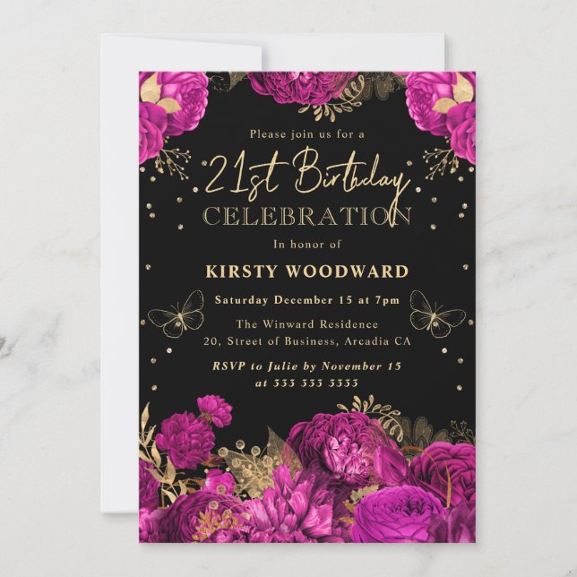 Hot Pink and Gold Roses Floral 21st Birthday Invitation (Front)