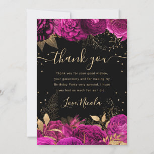 Hot Pink and Gold Roses Floral Birthday Thank You Card