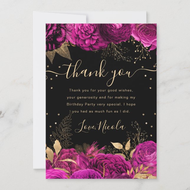 Hot Pink and Gold Roses Floral Birthday Thank You Card (Front)