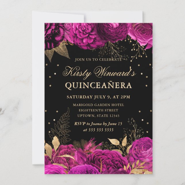 Hot Pink and Gold Roses Floral Quinceanera Invitation (Front)