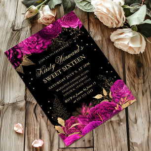 Hot Pink and Gold Roses Floral Sweet Sixteen Invitation