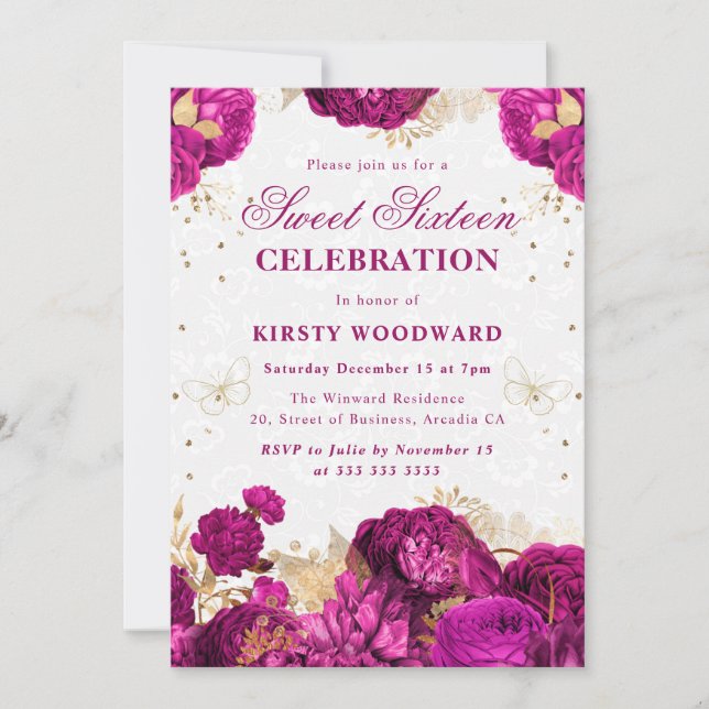 Hot Pink and Gold Roses Floral Sweet Sixteen Invitation (Front)