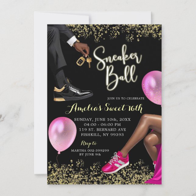 Hot Pink and Gold Sneaker Ball Sweet 16 Birthday Invitation (Front)