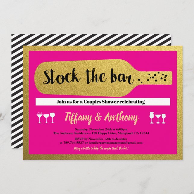 Hot pink and gold stock the bar housewarming invitation (Front/Back)