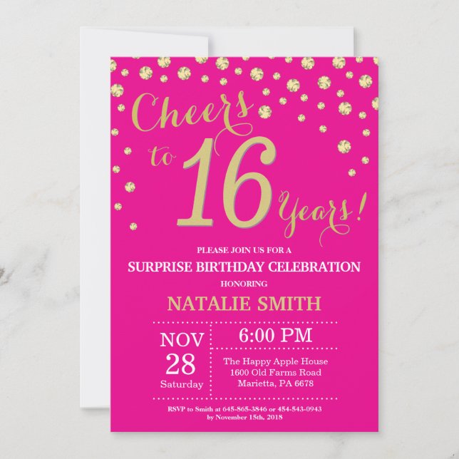 Hot Pink and Gold Surprise 16th Birthday Diamond Invitation (Front)