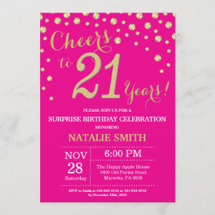 Hot Pink and Gold Surprise 21st Birthday Diamond Invitation