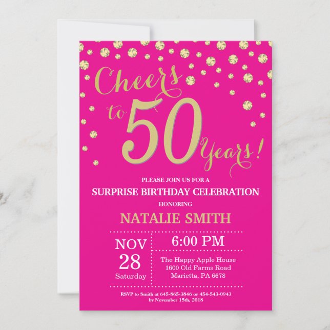 Hot Pink and Gold Surprise 50th Birthday Diamond Invitation (Front)