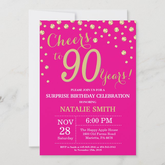 Hot Pink and Gold Surprise 90th Birthday Diamond Invitation (Front)