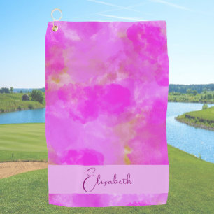 Hot Pink and gold watercolor custom name womens Golf Towel