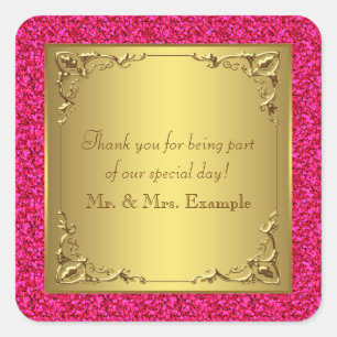 Hot Pink and Gold Wedding Square Sticker
