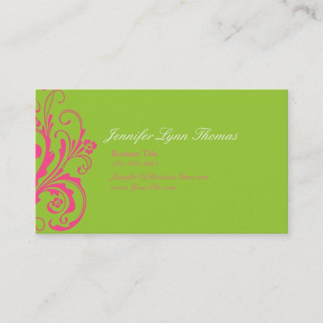 Hot Pink and Green Chic Flourish Business Card (Front)