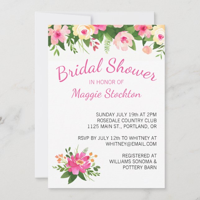 Hot Pink and Green Flowers Bridal Shower Invitation (Front)