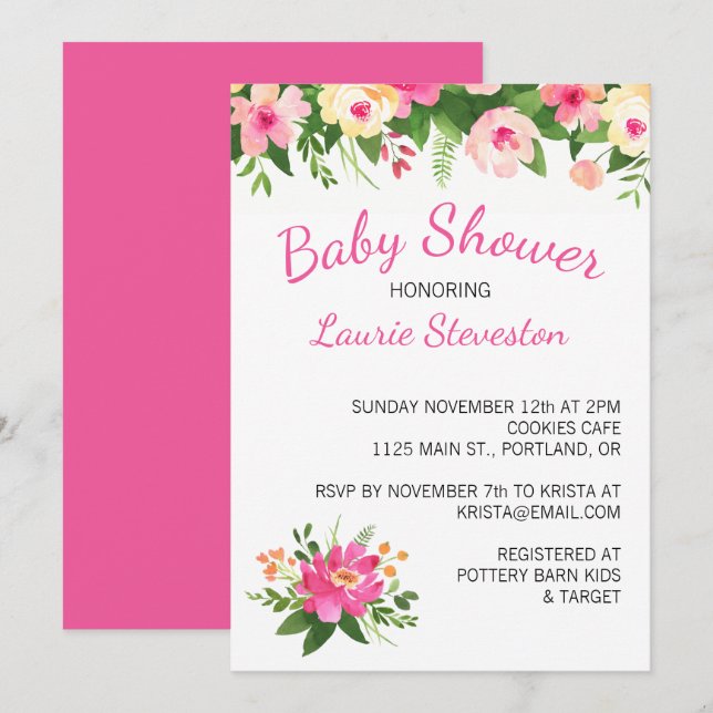 Hot Pink and Green Flowers Floral Baby Shower Invitation (Front/Back)
