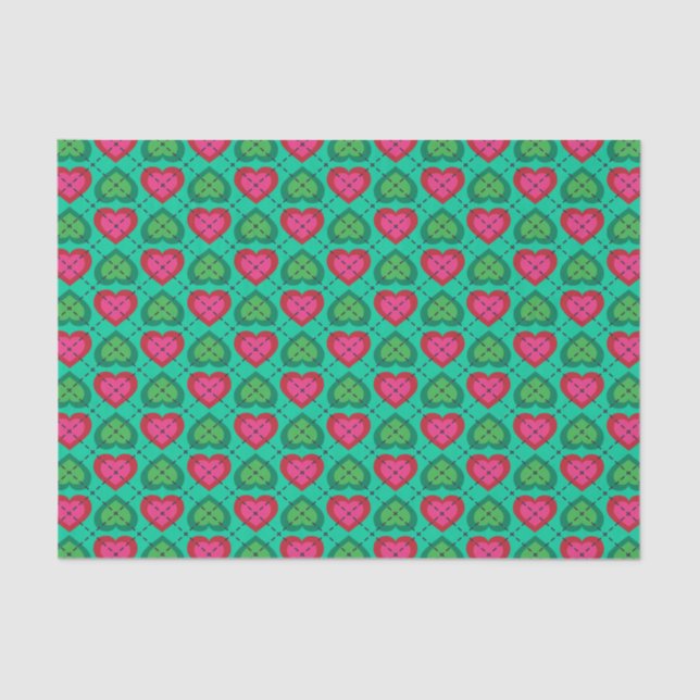 Hot Pink and Green Hearts Argyle Pattern Tissue Paper (Front)