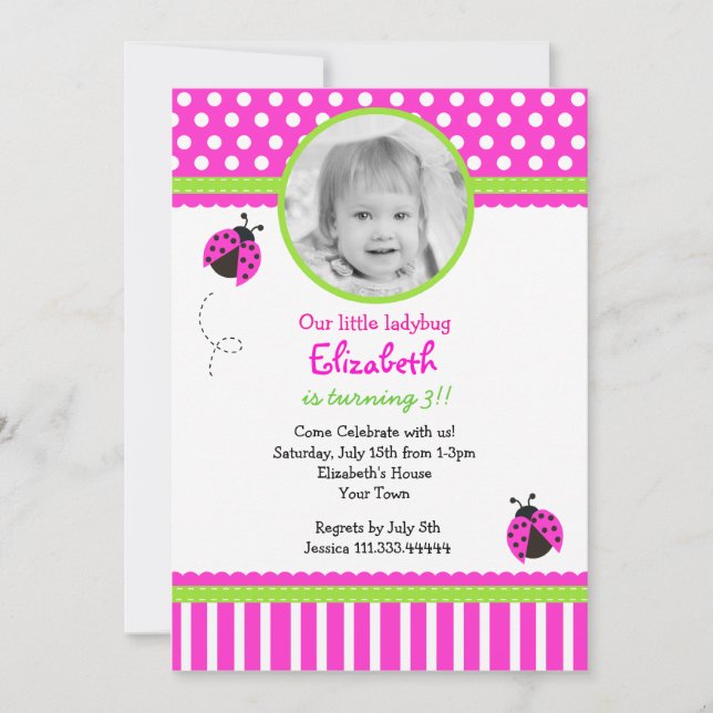 Hot pink and green Ladybug Birthday Invitations (Front)