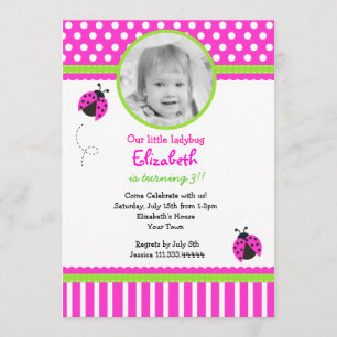 Hot pink and green Ladybug Birthday Invitations