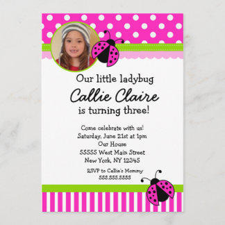 Hot Pink and Green Ladybug BIrthday Invitations