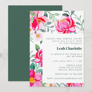 Hot Pink and Green Watercolor Floral Bat Mitzvah  Invitation