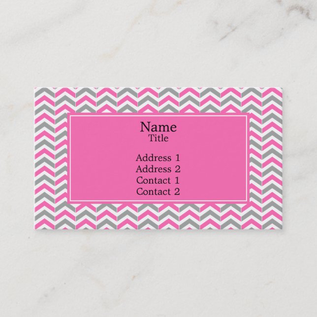 Hot Pink and Grey Chevron Pattern Business Card (Front)