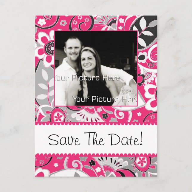 Hot Pink and Grey Fall Floral Save The Date Announcement Postcard (Front)